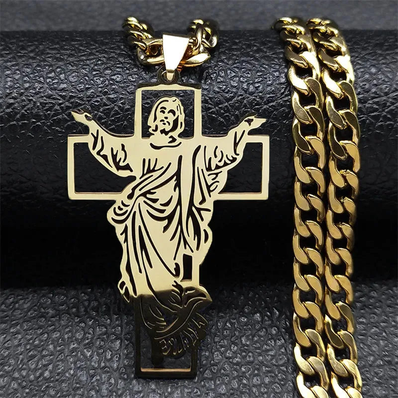 Hiphop Punk Kroon Van Doorns Jesus Kruis Ketting Voor Mannen Roestvrij Staal Verguld Kruisbeeld Hanger Kettingen Sieraden N8052