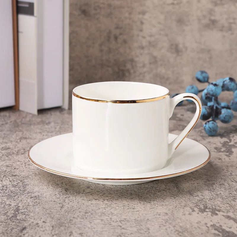 Bone china coffee cup with plate gold border decoration Flower Tea mug Nordic Minimalism Solid White Ceramic Coffee Cup Drinkwar