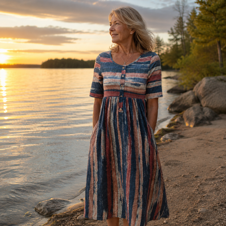 HOLLY | ROBE MIDI ÉLÉGANTE À RAYURES COUVRANT LE VENTRE