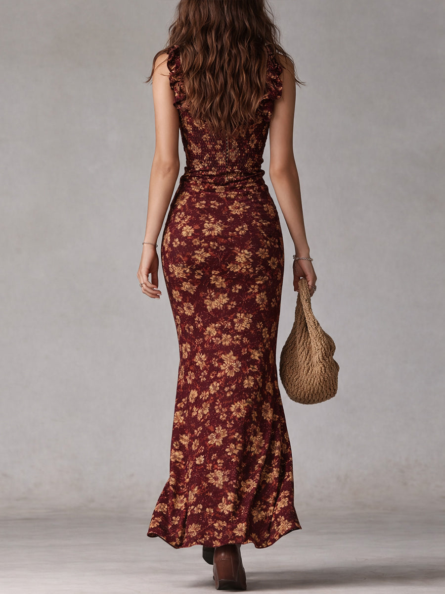 Maya™ | Robe longue bohème rétro à manches volantées et à fente haute