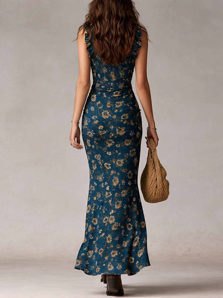 Maya™ | Robe longue bohème rétro à manches volantées et à fente haute