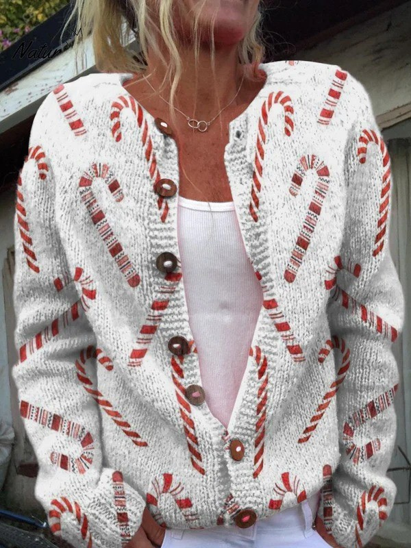 Cardigan à Boutons Festif avec Motif Décoratif en Canne à Sucre