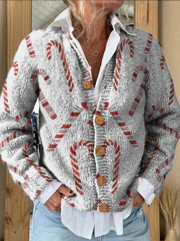 Cardigan à Boutons Festif avec Motif Décoratif en Canne à Sucre