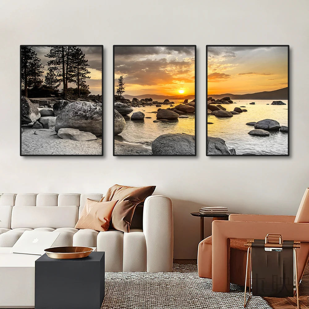 3PCS Frameless Canvas Paintings Sunset Sea Beach Natural Landscape Poster and Prints Wall Art Picture for Living Room Home Decor