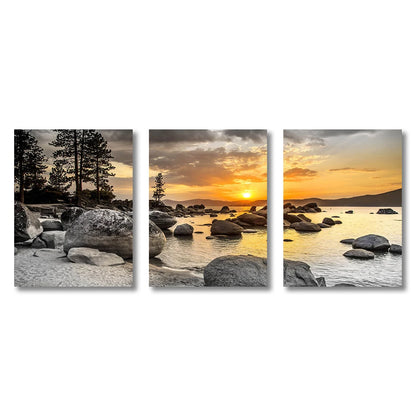 3PCS Frameless Canvas Paintings Sunset Sea Beach Natural Landscape Poster and Prints Wall Art Picture for Living Room Home Decor
