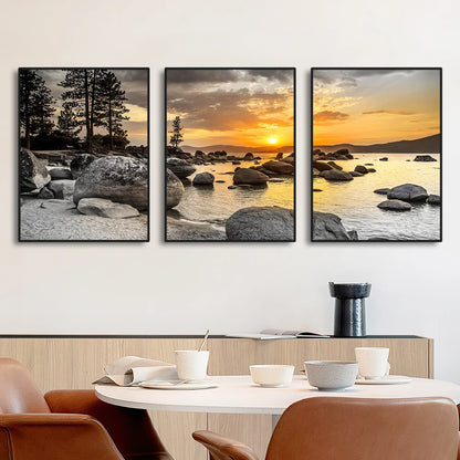 3PCS Frameless Canvas Paintings Sunset Sea Beach Natural Landscape Poster and Prints Wall Art Picture for Living Room Home Decor