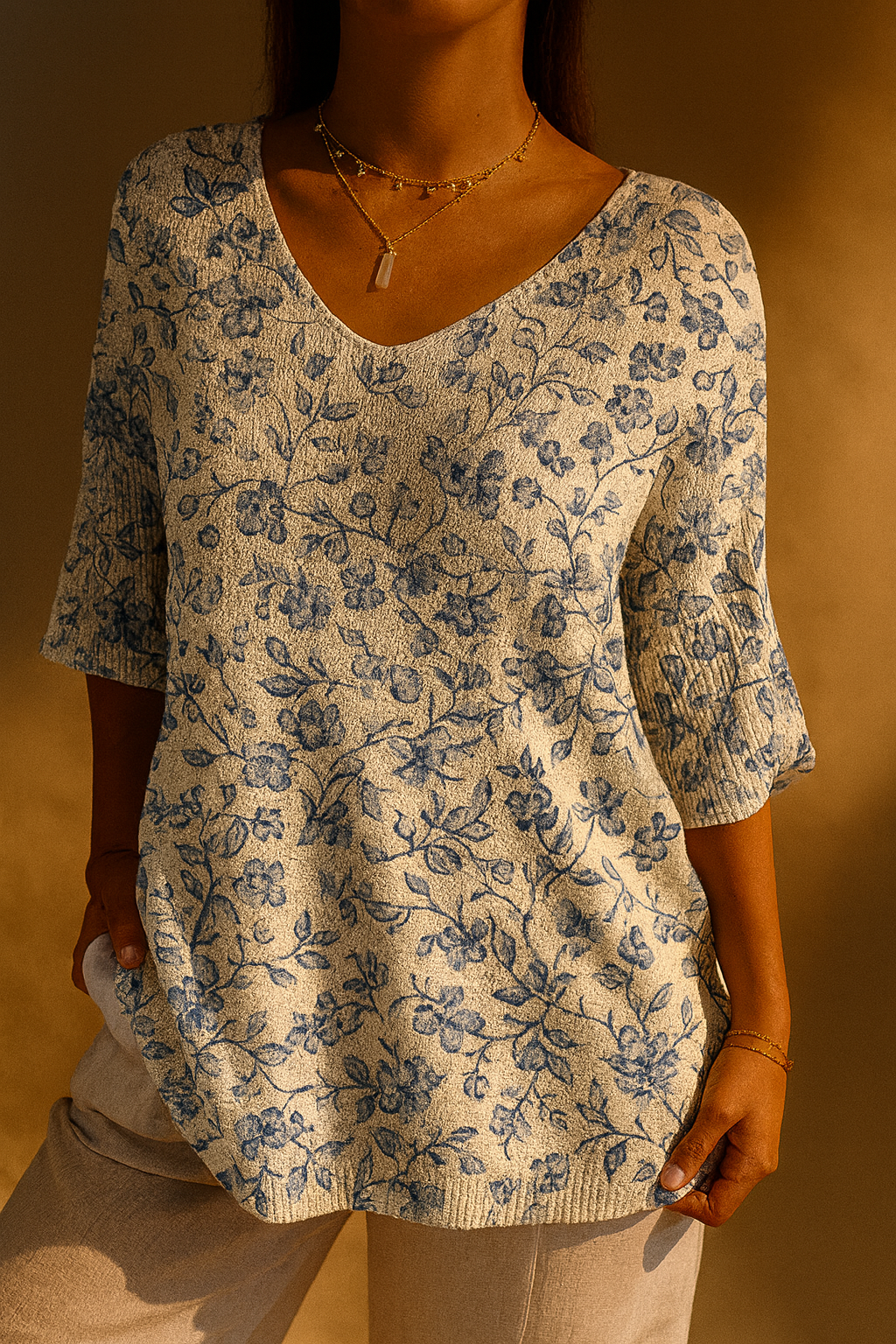 Pull décontracté en tricot avec motif floral bleu pour femmess
