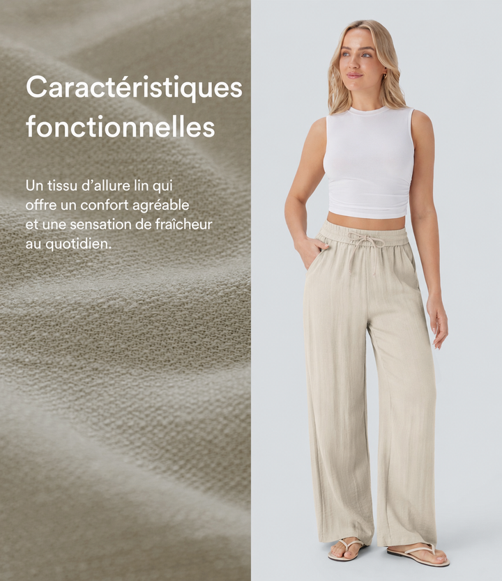 Pantalon décontracté taille haute, poches et cordon de serrage, jambes larges, aspect lin.