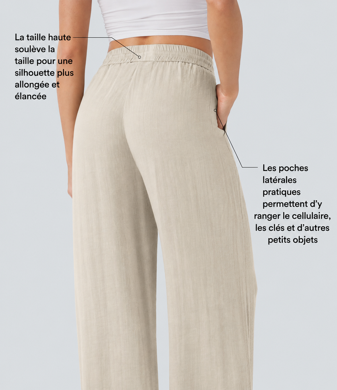 Pantalon décontracté taille haute, poches et cordon de serrage, jambes larges, aspect lin.