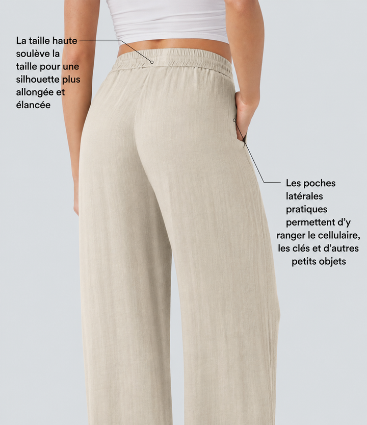 Pantalon décontracté taille haute, poches et cordon de serrage, jambes larges, aspect lin.
