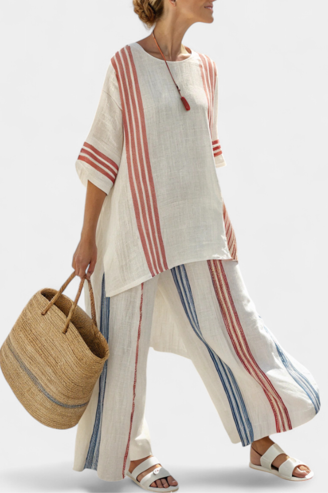 Solvane | Haut à Rayures Multicolores Sophistiqué & Pantalons Méditerranéens