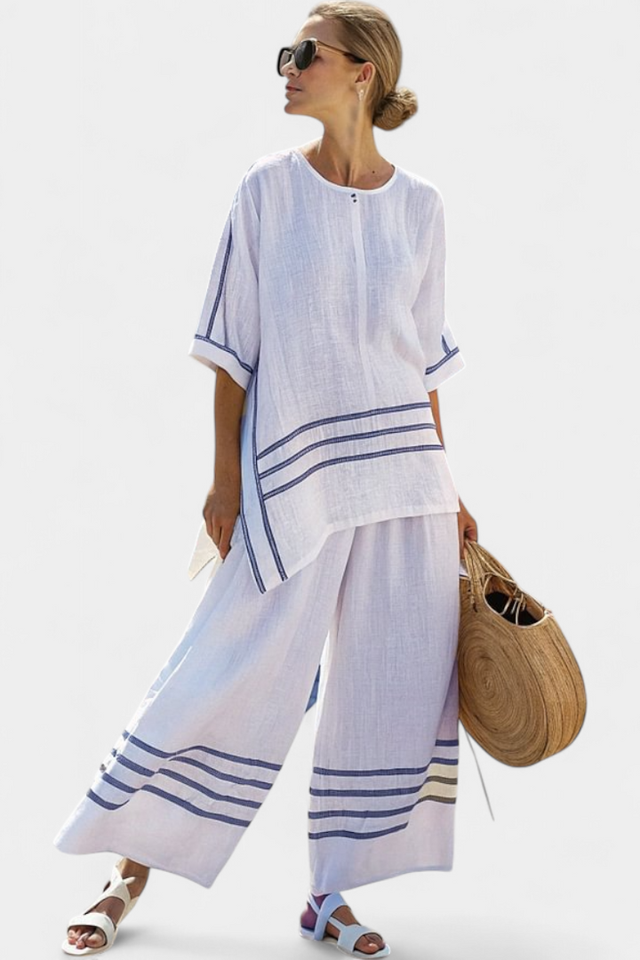 Wynric | Haut asymétrique à rayures sophistiquées et pantalons audacieux