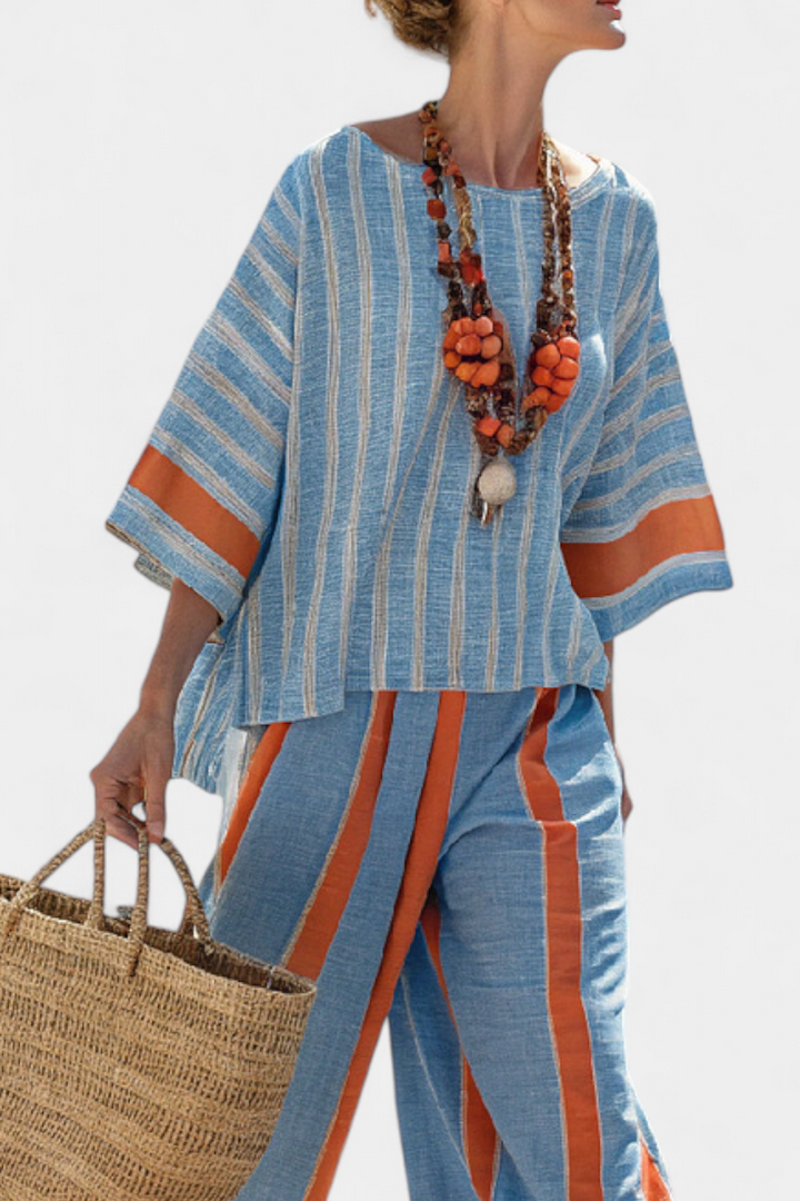Velmere | Haut Sophistiqué en Terracotta Rayé & Pantalons en Lin