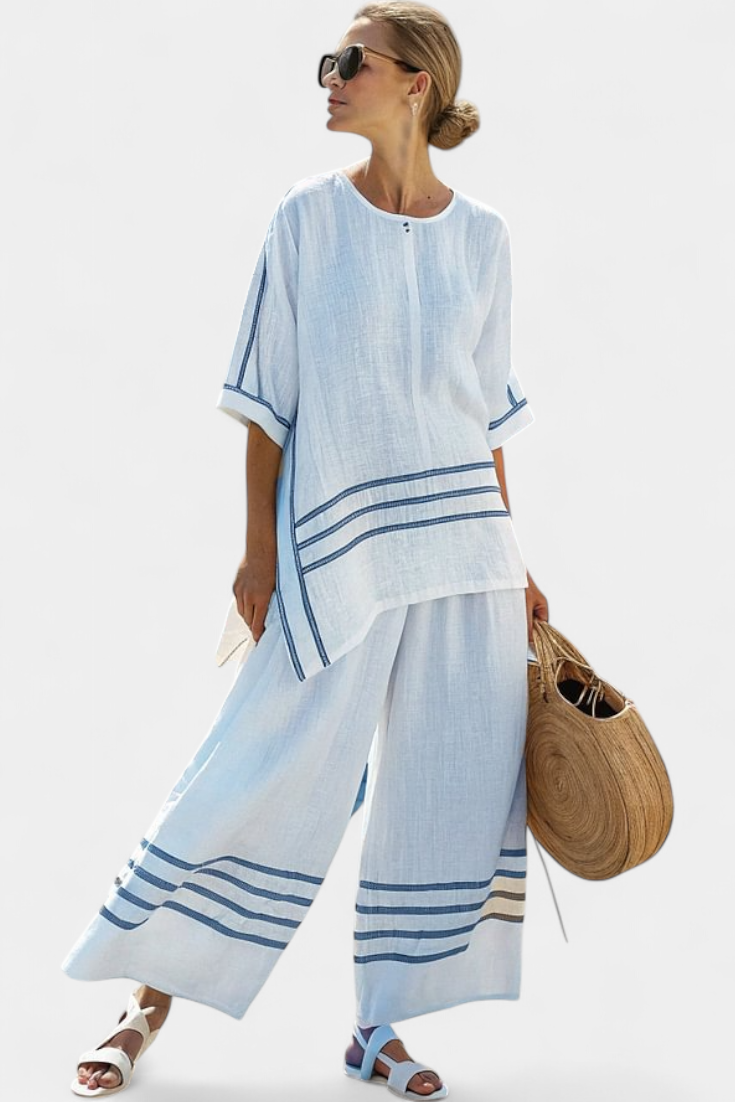 Wynric | Haut asymétrique à rayures sophistiquées et pantalons audacieux
