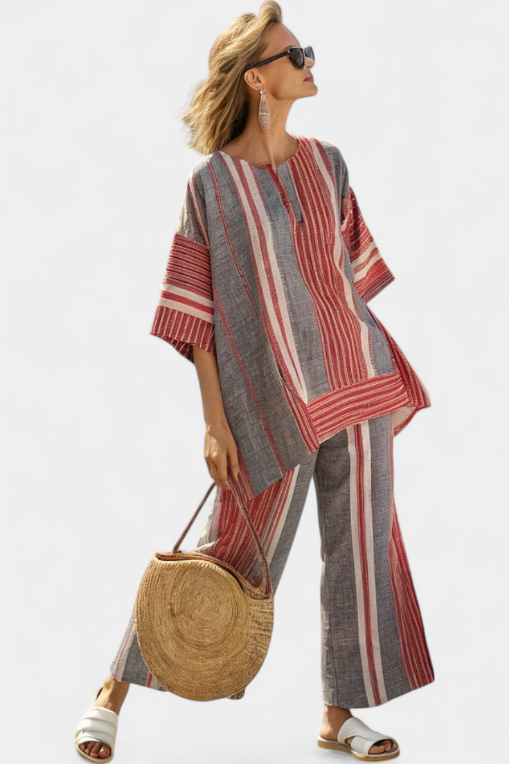 Bravine | Élégant Haut en Lin Corail-Gris avec Pantalon Large