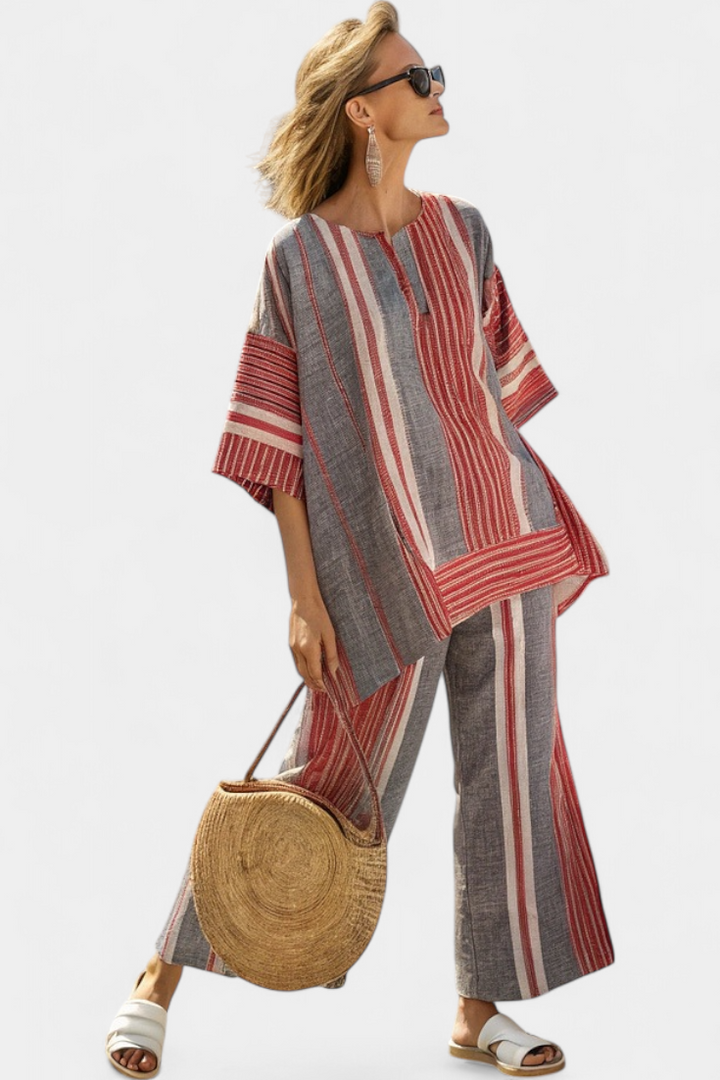 Bravine | Élégant Haut en Lin Corail-Gris avec Pantalon Large
