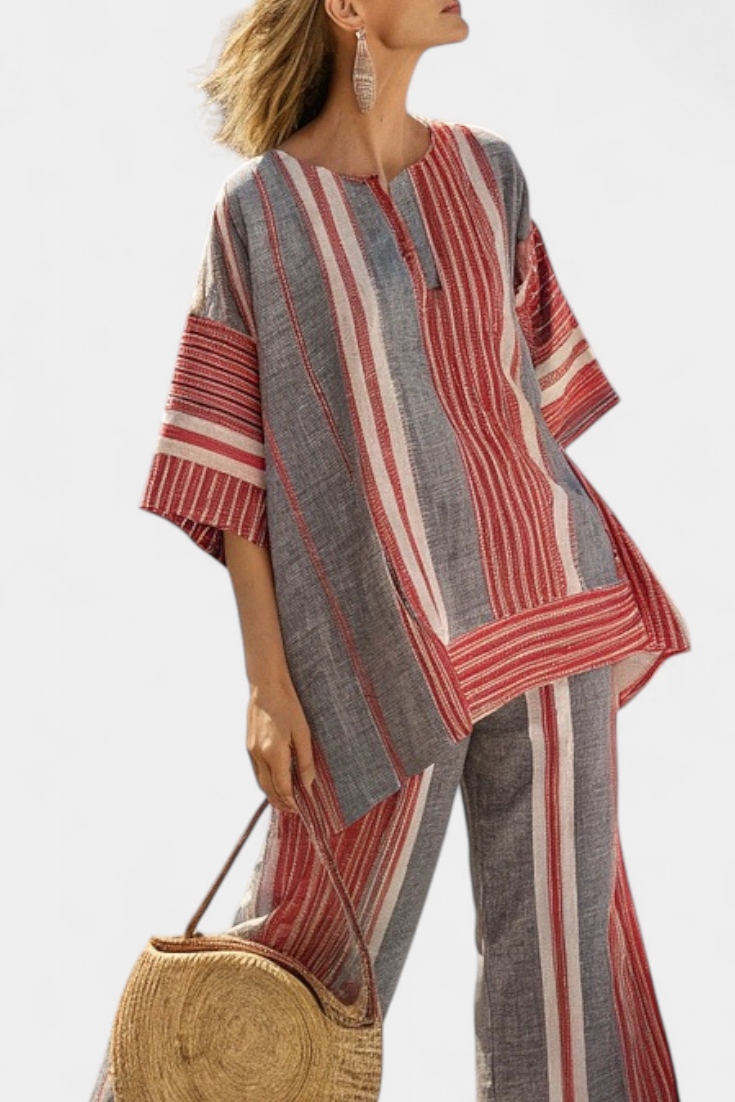 Bravine | Élégant Haut en Lin Corail-Gris avec Pantalon Large