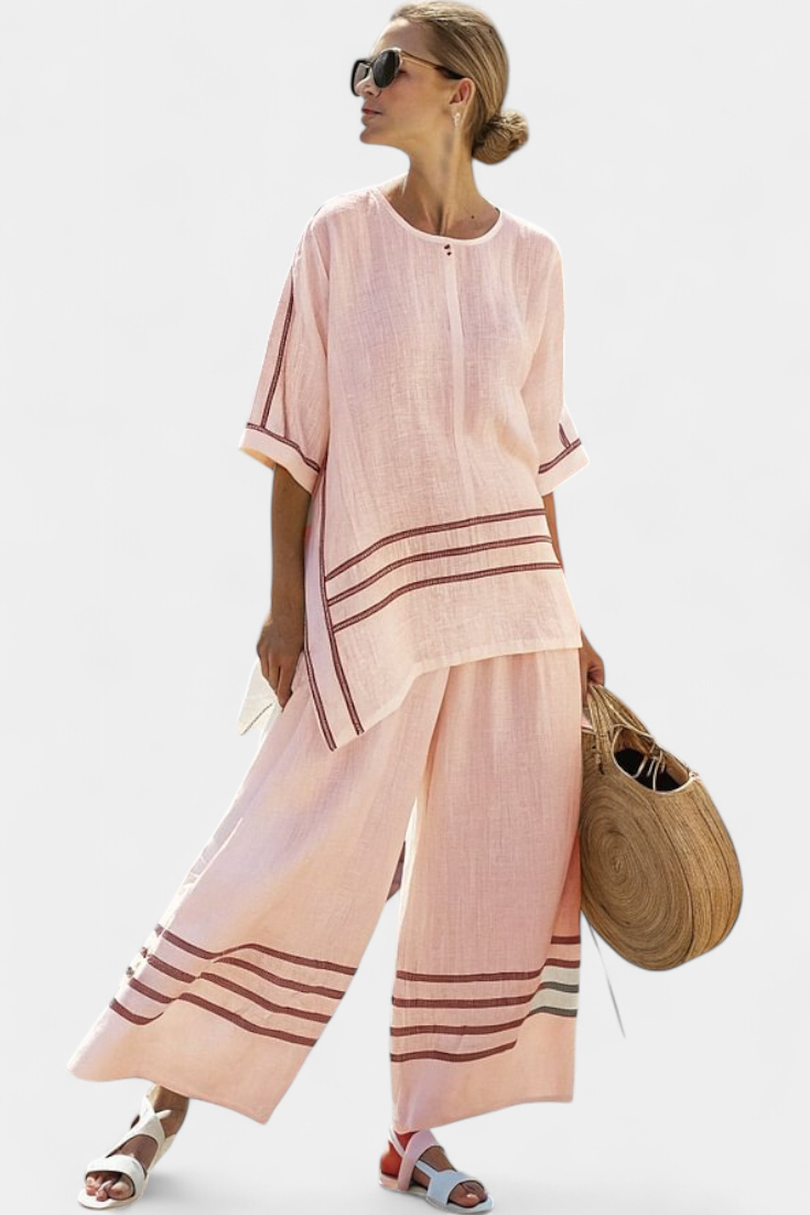 Wynric | Haut asymétrique à rayures sophistiquées et pantalons audacieux
