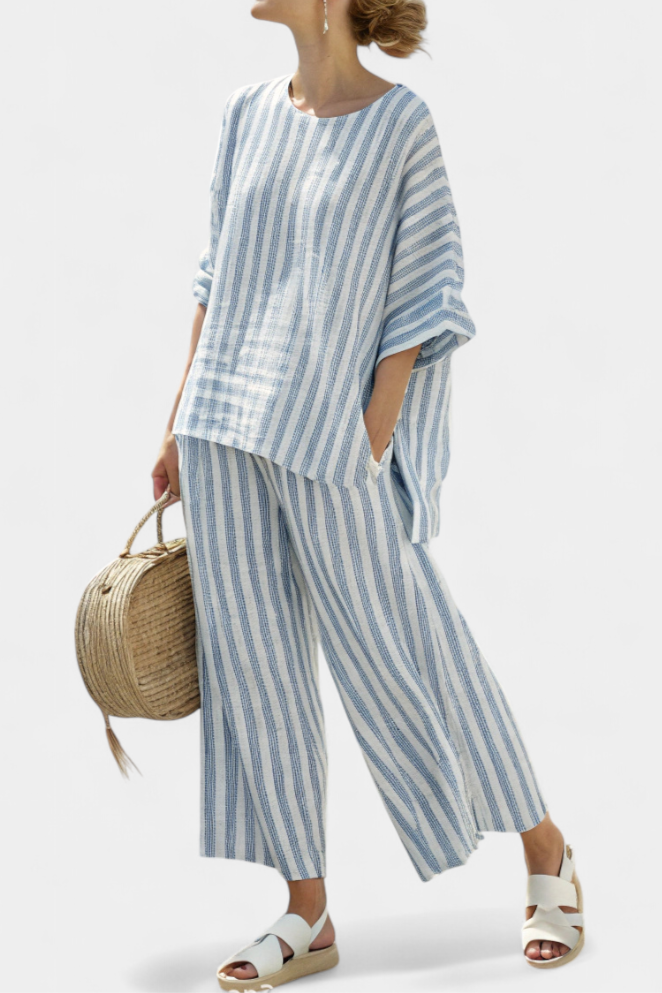 Rensleigh | Ensemble Sophistiqué en Lin Rayé Bleu avec Pantalons Décontractés