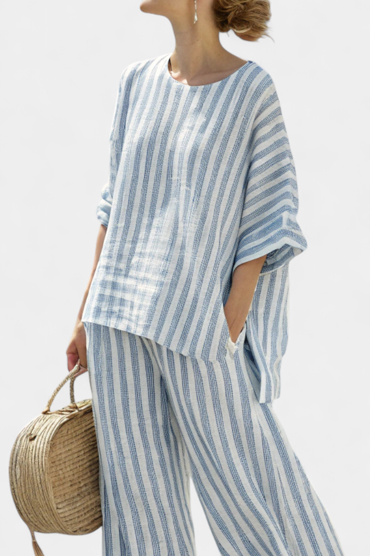 Rensleigh | Ensemble Sophistiqué en Lin Rayé Bleu avec Pantalons Décontractés
