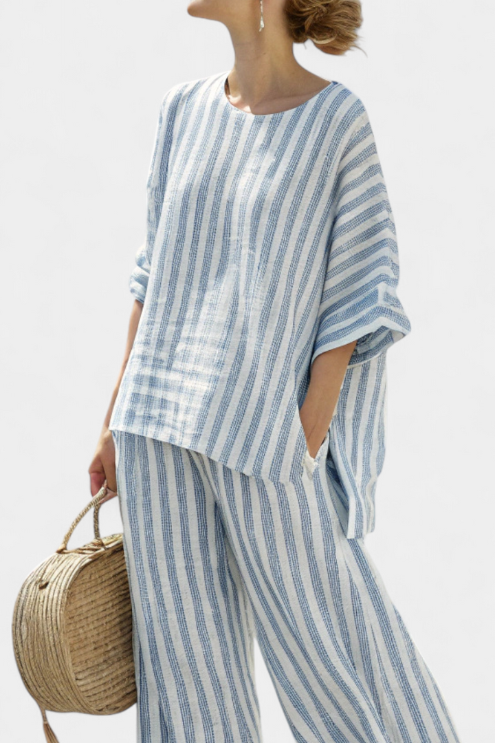 Rensleigh | Ensemble Sophistiqué en Lin Rayé Bleu avec Pantalons Décontractés