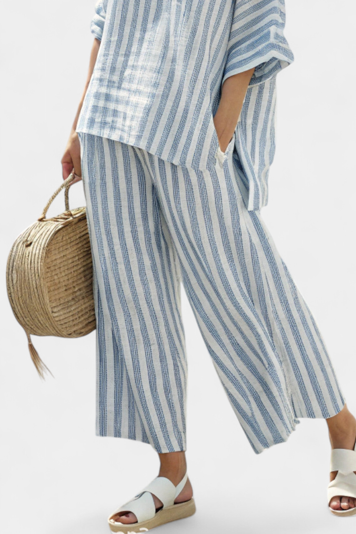 Rensleigh | Ensemble Sophistiqué en Lin Rayé Bleu avec Pantalons Décontractés