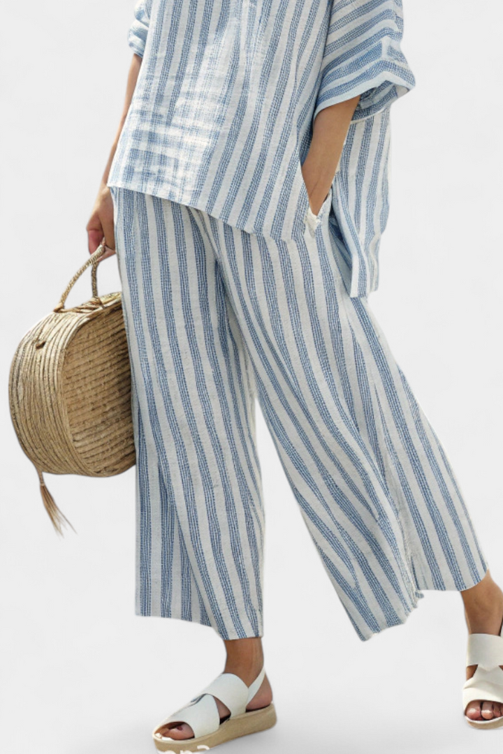 Rensleigh | Ensemble Sophistiqué en Lin Rayé Bleu avec Pantalons Décontractés