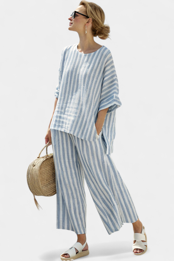 Rensleigh | Ensemble Sophistiqué en Lin Rayé Bleu avec Pantalons Décontractés