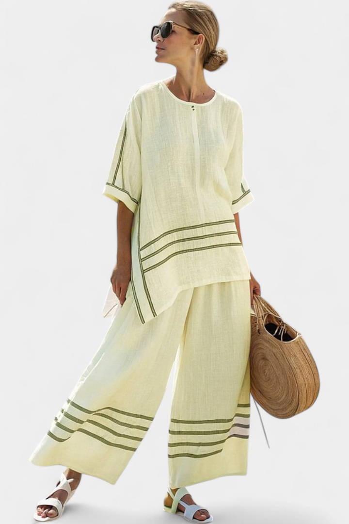Wynric | Haut asymétrique à rayures sophistiquées et pantalons audacieux