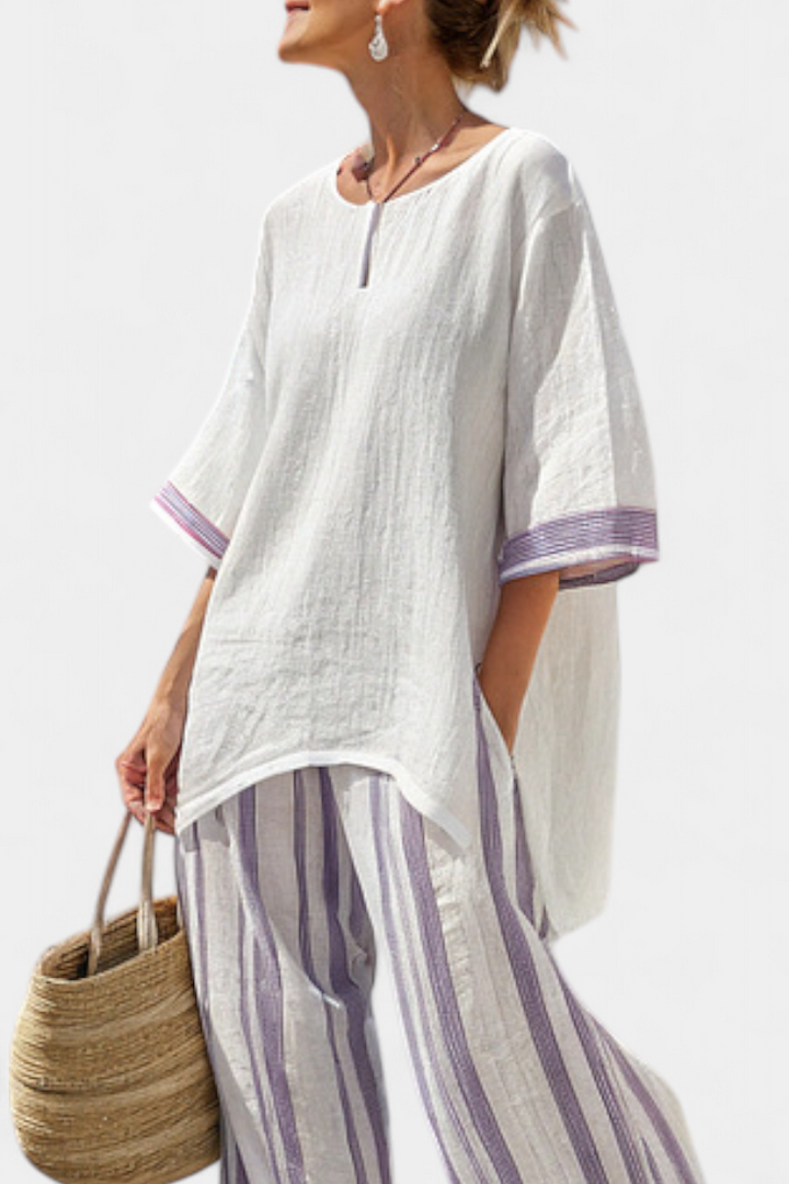 Luxmere | Blouse Décontractée Confortable et Pantalons Rayés en Bambou