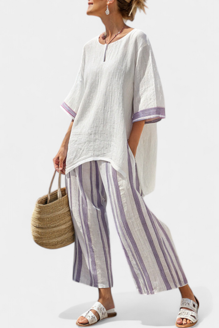 Luxmere | Blouse Décontractée Confortable et Pantalons Rayés en Bambou