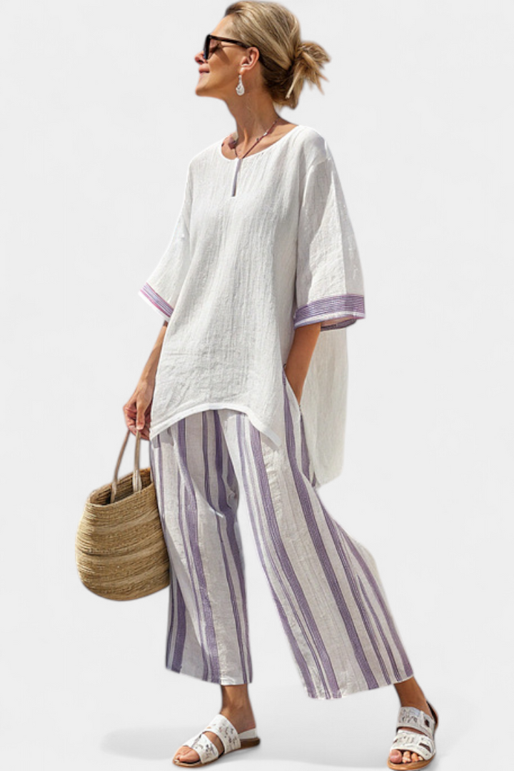 Luxmere | Blouse Décontractée Confortable et Pantalons Rayés en Bambou