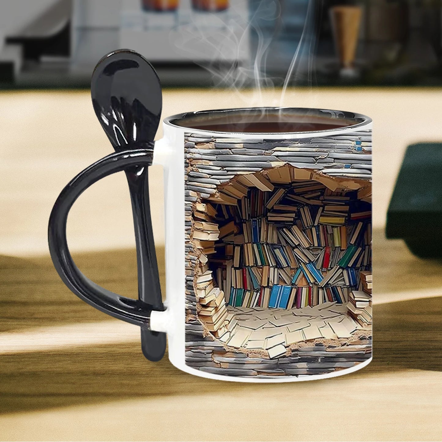 1PC,Gifts for Readers, Bookish, Book Lovers Coffee Mug, Birthday Gifts for Book Lovers, 11oz Ceramic mug with spoon, black