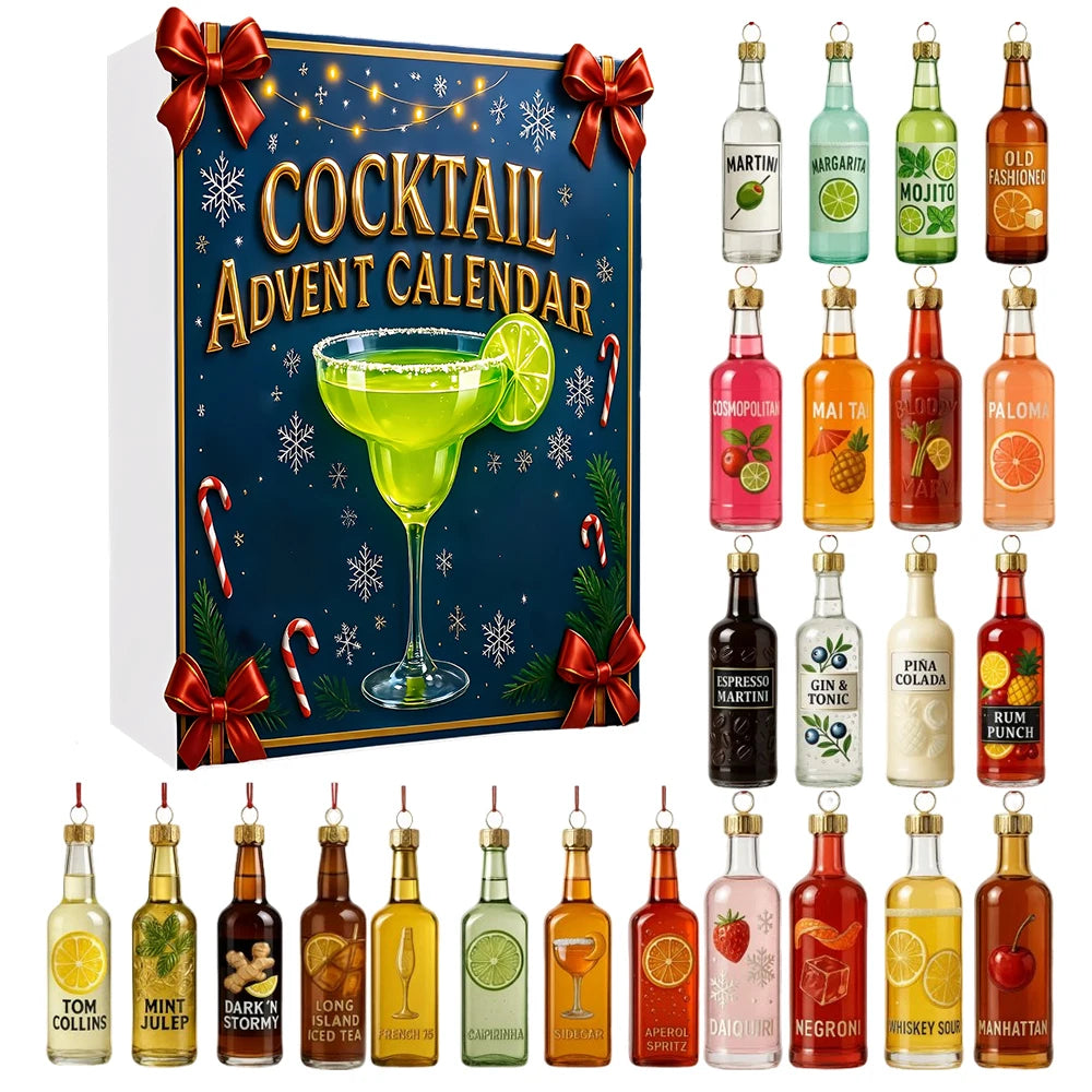 Cocktail Christmas Advent Calendar 2025 Xmas Gifts with 2D Flat Cocktail Ornaments Christmas Countdown Calendar Home Decoration