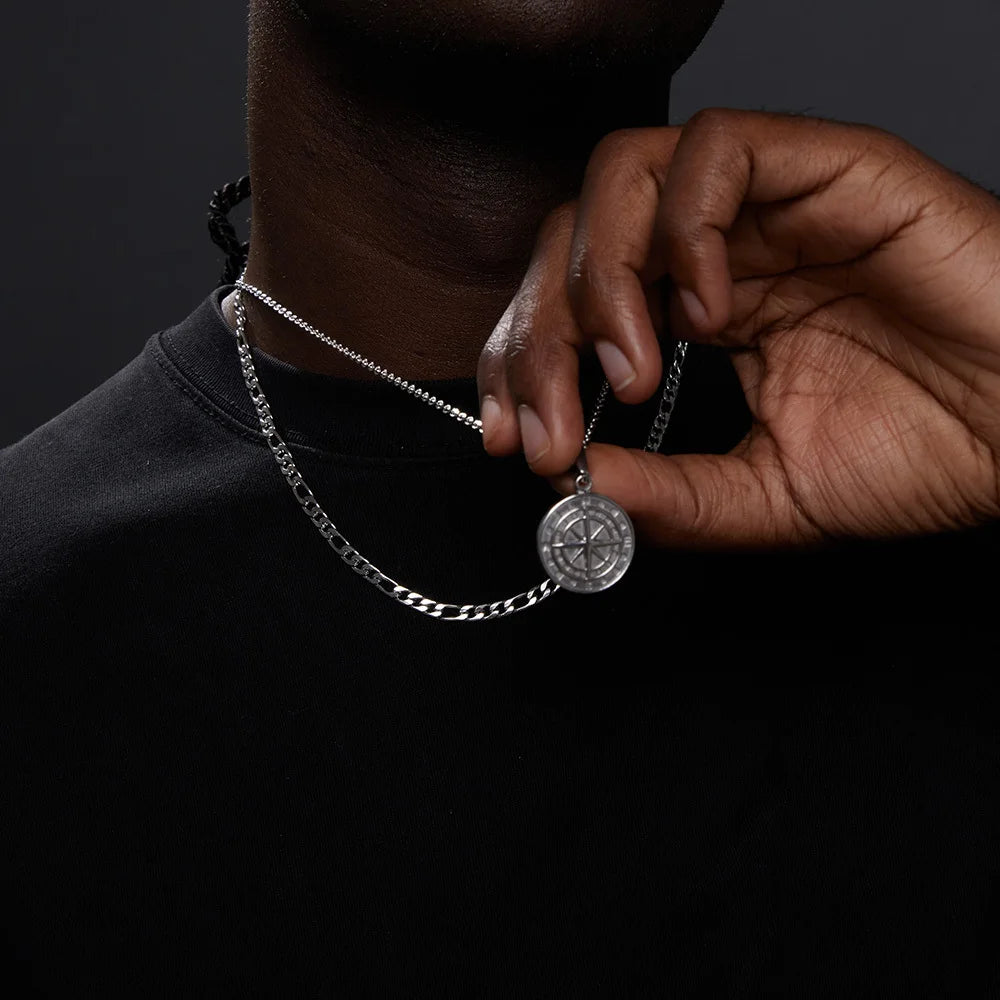 Vnox Layered Necklaces for Men, Sailing Travel Compass Pendant, Stainless Steel Cuban Figaro Wheat Chain, Casual Retro Collar