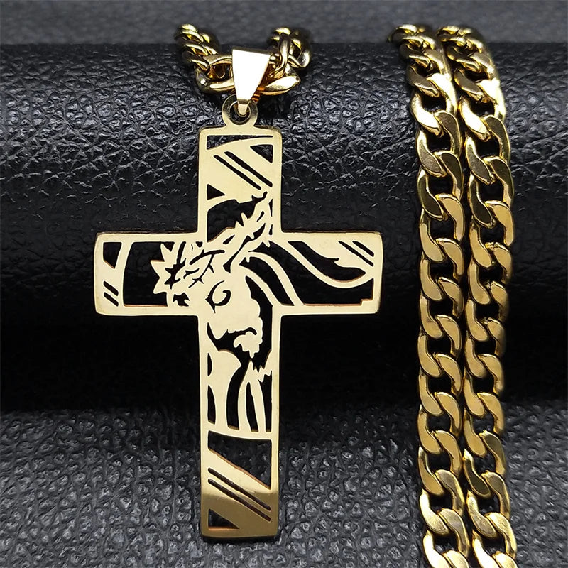 Hiphop Punk Kroon Van Doorns Jesus Kruis Ketting Voor Mannen Roestvrij Staal Verguld Kruisbeeld Hanger Kettingen Sieraden N8052