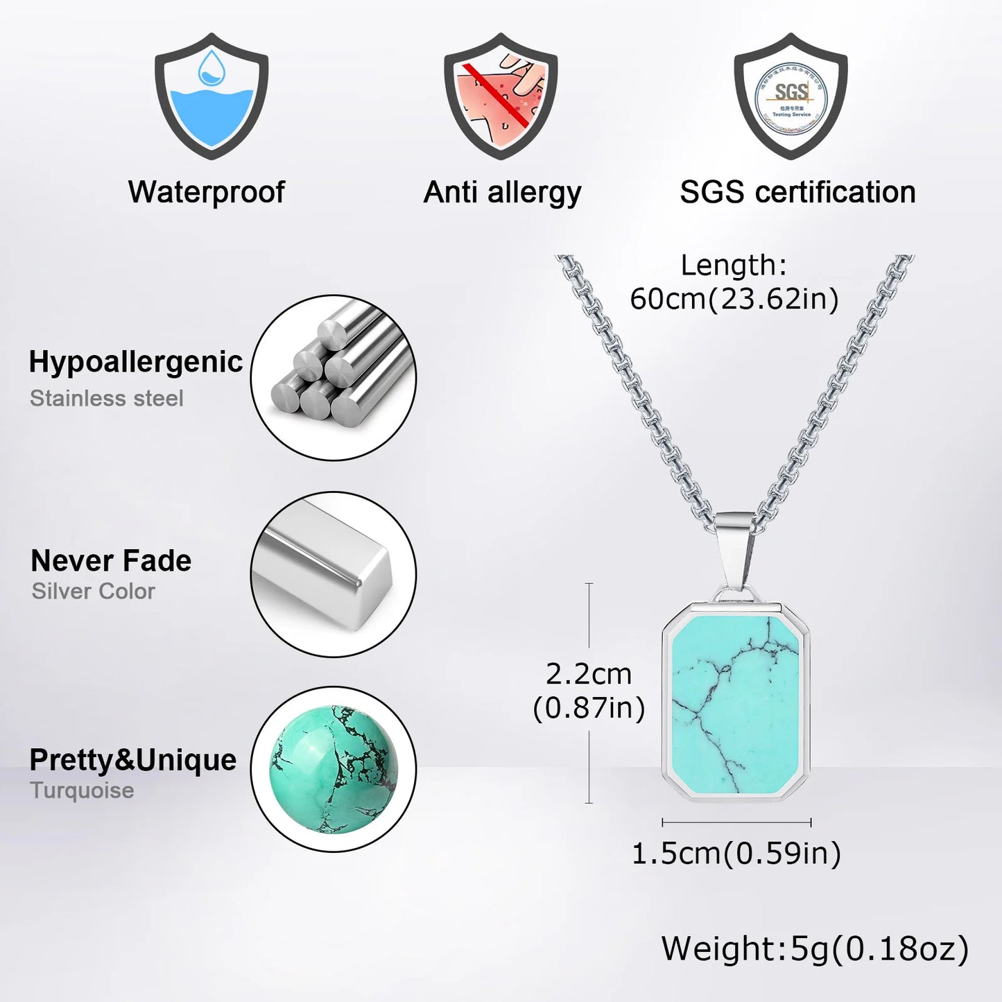 Trendy Pendant Necklaces for Men Boys,Square Natural Stone Stainless Steel Necklaces,Hip Hop Cool Healing Jewelry Gifts