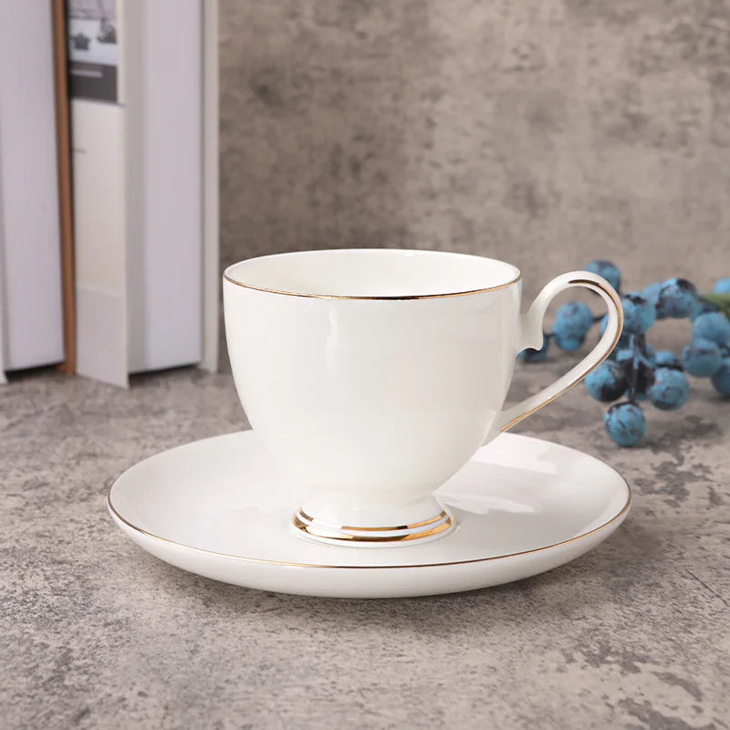 Bone china coffee cup with plate gold border decoration Flower Tea mug Nordic Minimalism Solid White Ceramic Coffee Cup Drinkwar