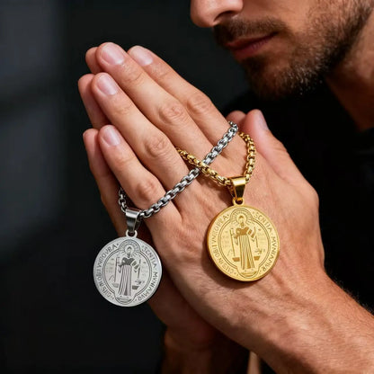 HNSP Stainless Steel San Benito Medal Pendant Chain Necklace Saint Benedict of Nursia Religious Jewelry Accessories