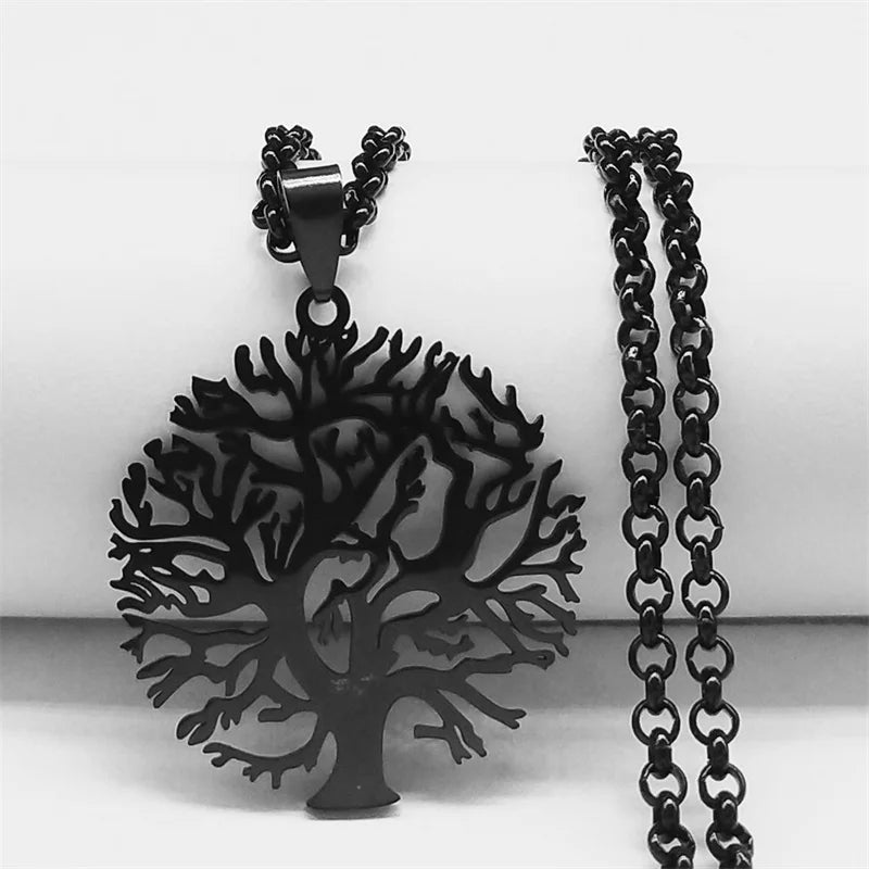 2024 Tree of Life Stainless Steel Long Necklace for Men Black Color Necklaces & Pendants Jewelry cadenas para hombre N834S03