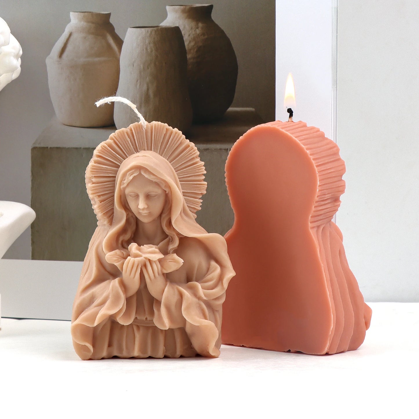 DIY Virgin Mary Holds Flower Jesus Silicone Candle Mold Mary Photo Frame Statue Plaster Craft Tool Religious Figurine Decoration