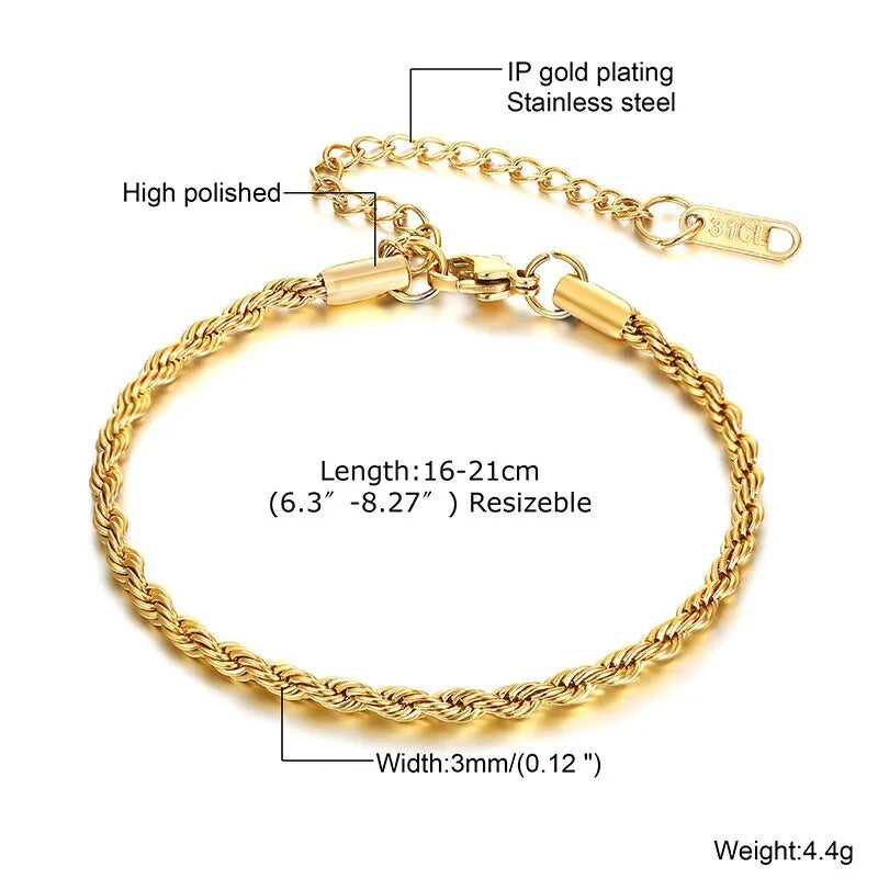 2-5MM Stainless Steel Rope Bracelets for Men Boys,Adjustable Gold Silver Color Links Wristband,Rock Punk Cool Jewelry Gift