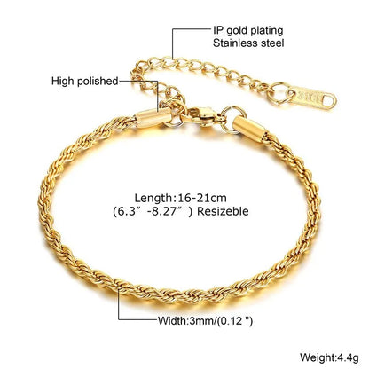 2-5MM Stainless Steel Rope Bracelets for Men Boys,Adjustable Gold Silver Color Links Wristband,Rock Punk Cool Jewelry Gift