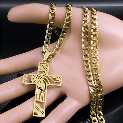 Hiphop Punk Kroon Van Doorns Jesus Kruis Ketting Voor Mannen Roestvrij Staal Verguld Kruisbeeld Hanger Kettingen Sieraden N8052
