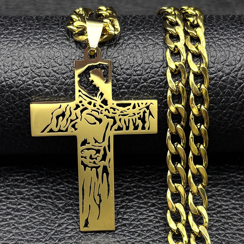 Hiphop Punk Kroon Van Doorns Jesus Kruis Ketting Voor Mannen Roestvrij Staal Verguld Kruisbeeld Hanger Kettingen Sieraden N8052