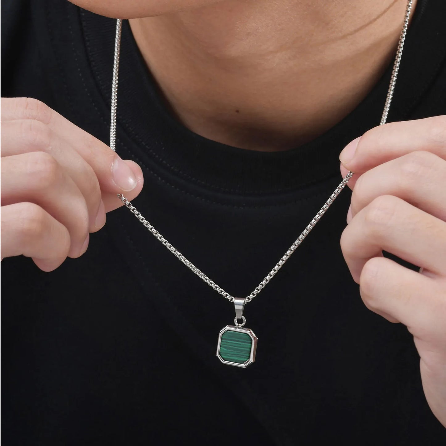 Trendy Pendant Necklaces for Men Boys,Square Natural Stone Stainless Steel Necklaces,Hip Hop Cool Healing Jewelry Gifts