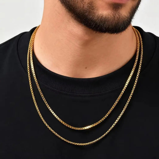 2 stks/set Dunne Ketting voor Mannen Jongens, Roestvrij Staal Goud Zilver Kleur Box Chain Halsbanden, stijlvolle Mannelijke Sieraden Gift