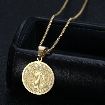 HNSP Stainless Steel San Benito Medal Pendant Chain Necklace Saint Benedict of Nursia Religious Jewelry Accessories