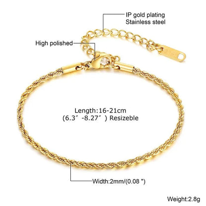 2-5MM Stainless Steel Rope Bracelets for Men Boys,Adjustable Gold Silver Color Links Wristband,Rock Punk Cool Jewelry Gift