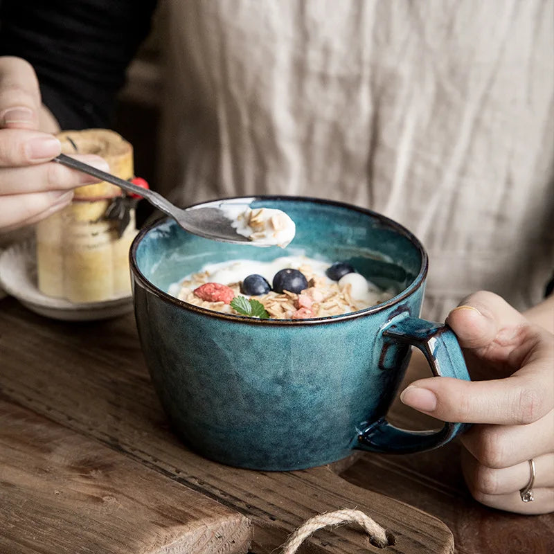 Sydney Blue Large Capacity Cup Home Large Ceramic Oat Cup Vintage Kiln Glazed Breakfast Bowl Mug